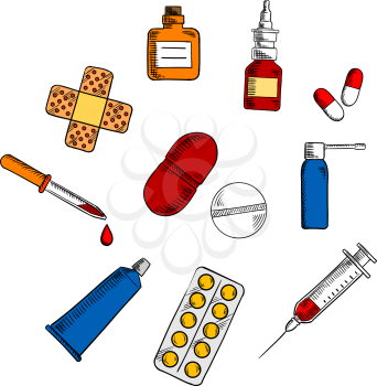 Medication, drug and pills icons with capsules and blister of pills, nose and throat spray, syringe, drops bottle and dropper, sticking plaster and ointment tube