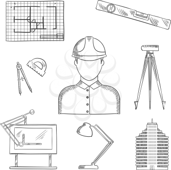 Architect and engineer profession icons with man in helmet, building and drawing table, blueprint and compasses, protractor and lamp, ruler and automatic level on tripod