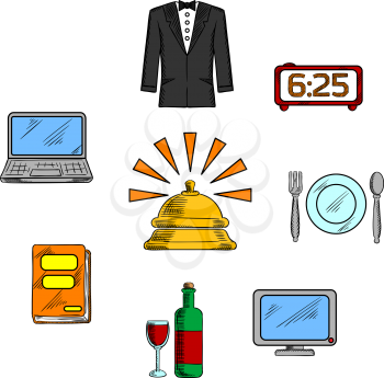 Travel and hotel luxury service icons with reception bell and high quality room service symbols