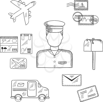 Postal sketch icons around a postman with postage stamps and letterbox, packages and van, airplane and letters. Postman profession concept