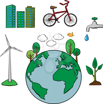Environment and ecology icons set with eco friendly city, tree and bicycle, green energy and natural resources protection