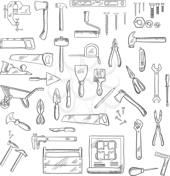 Construction hand tools icons of hammer and axe, saws and wrench, screwdrivers and scissors, trowel and spatula, paintbrush and roller, knives and fastener, pliers ans toolbox, blueprint, wheelbarrow 