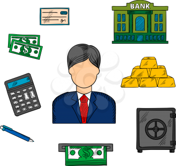 Banker profession and financial icons with man in elegant costume and necktie among dollar bills, stacked gold bars and bank check, bank building and calculator, pen, ATM and safe