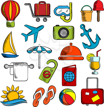 Travel, trip and leisure icons set with airplane and luggage, passport and sun, sea and hotel service, yacht and anchor, cocktail and hot air balloon, beach umbrella and toys, photo camera and diving 