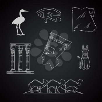 Ancient Egypt travel and art chalk icons with profile of queen Nefertiti, cat goddess and sacred heron Bennu, eye of horus symbol, temple columns and country map, caravan of camels and Giza pyramids