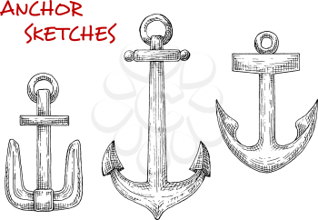 Retro sea anchors isolated sketches set. Great for nautical heraldic design, marine and travel themes