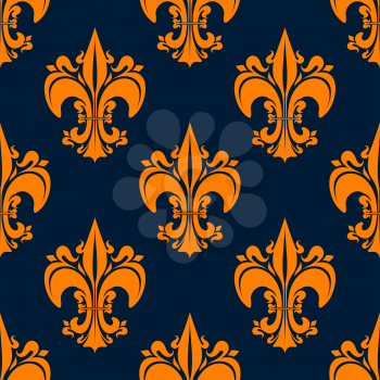 Elegant french seamless fleur-de-lis heraldic pattern for classic interior design or medieval theme with orange lily flowers on dark blue background