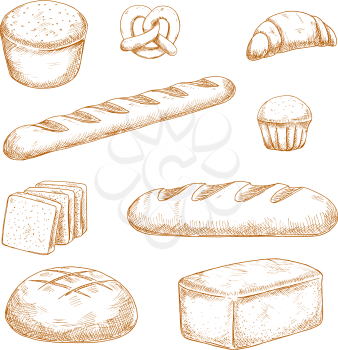 Delicious fresh baked bread, pastry and buns sketches with healthy whole grain bread, baguette, round and long loaves of wheat bread, french croissant, butter cupcake and soft pretzel 