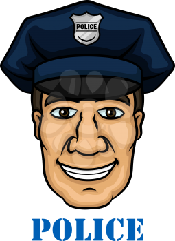 Emergency service profession design with cheerful smiling policeman or police officer in blue peaked cap with silver cockade