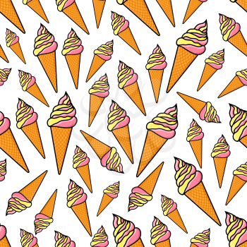 Waffle cone ice cream seamless pattern with strawberry and vanilla ice cream cones randomly scattered over white background. Dessert food or snack background design