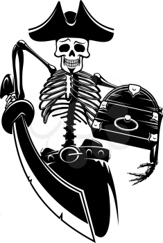 Pirate captain skeleton guarding the treasure chest with sword. For piracy, mascot, marine and adventure print design