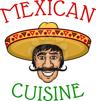 Joyful cartoon mexican chef with mustached male cook in yellow sombrero encircled by caption Mexican Cuisine. For restaurant of mexican cuisine and national food theme