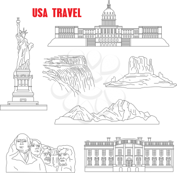 Famous landmarks of USA for travel design with thin line icons of mount Rushmore national memorial, the statue of Liberty, Grand canyon, Capitol, White House, Niagara falls and Rocky mountains