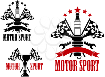 Motor race competition icons with trophy cup and spark plug, with crossed racing flags and spanners, decorated by stars, ribbon banners and text Motor Sport
