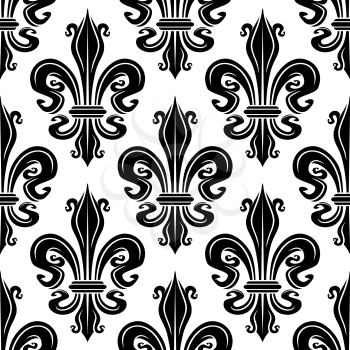 Seamless french royal lilies black and white floral pattern of ornamental fleur-de-lis elements. Use as vintage wallpaper, fabric or interior accessories design