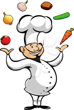 Happy smiling cartoon chef juggling by fresh tomato and onion, carrot and garlic, cucumber and potato vegetables. Funny cook character in white uniform and toque for restaurant or catering theme desig