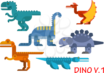 Colorful prehistoric dinosaurs with carnivores and herbivores tyrannosaur rex, brontosaurus, stegosaurus, pterodactyl, velociraptor and pliosaur animals. Flat style vector animals