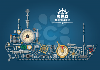 Ship silhouette made of mechanical parts and nautical equipment with propeller and anchor, chain and rudder, engine order telegraph, portholes and helm, steering system, barometer and ball valves. Sea
