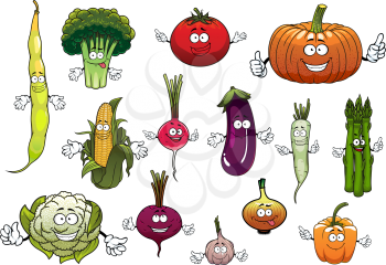 Farm cartoon ripe tomato and corn cob, onion and eggplant, broccoli and pumpkin, bell pepper and garlic, common bean and beet, radish and cauliflower, daikon and asparagus vegetables characters