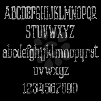 Retro chalk alphabet font on a chalkboard with sketched letters and numbers. Addition to education, typography concept or page decoration design