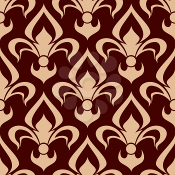 Vintage fleur-de-lis seamless pattern of bold beige floral ornament with bulb shaped buds and curved leaves on brown background. Medieval interior, fabric and embellishment design  