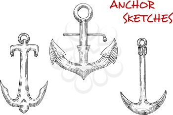 Old stock anchors sketch icons with decorative curved arms and sharp flukes. Nice for marine theme design, nautical symbol or tattoo