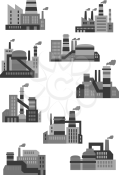 Flat industrial plants and factories icons design with buildings, machinery and smoking chimneys