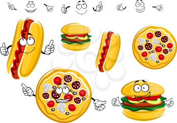 Fast food cartoon characters pepperoni pizza, hot dog with ketchup and hamburger with vegetables for takeaway food design