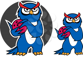 Blue owl bowling player cartoon character with red bowling ball on gray background, for sporting team mascot design