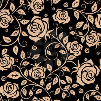 Brown roses floral seamless pattern with elegant flowers on twisted leafy stems adorned by curlicues on black background. Retro style