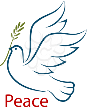 Flying dove with olive branch as a abstract symbol of peace and unity. Isolated on white background, for religion or freedom concept design