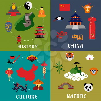 China history, culture and nature flat icons with flag and map, temples, Great Wall, chinese cuisine and tea ceremony, dragon, fan, lantern, calligraphy, animals, lotus and bamboo