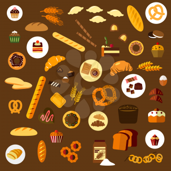Bakery, pastry and confectionery flat icons with various breads, croissants, pretzels, donuts cakes, cookies, cupcakes, candies and bagels