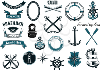 Nautical and marine design elements for heraldry with anchors, helm, compass, lighthouse, spyglass, lifebuoy, paddles, diving helmet, captain cap, shield and rope frames, ribbon banners