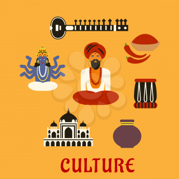Indian culture flat icons with sitar, fresh chili pepper and chili powder, tabla drum, vase, ancient temple, God Vishnu, bearded man in red turban and bead necklace in lotus pose