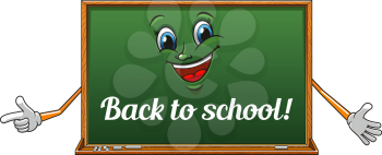 Happy classroom blackboard cartoon character with chalk text Back to school on green surface, for education design