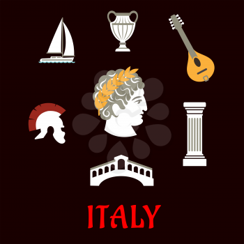 Italian culture and travel flat icons with Caesar in wreath, roman helmet, venice bridge, ancient vase, mandolin, doric column and sailboat
