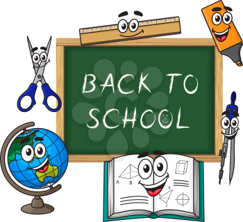 Blackboard with chalk text Back to school and funny cartoon globe, textbook, ruler, scissors, highlighter and compasses characters for education design