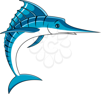 Jumping blue marlin fish with curled tail and open spear shaped bill in cartoon style,  for fishing or seafood design