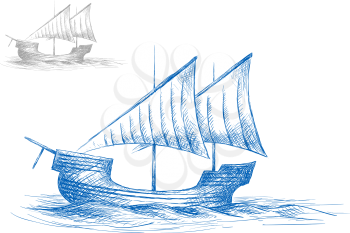 Old medieval sailing ship in ocean waves for nautical design. Sketch style