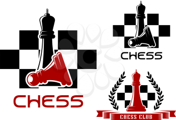 Chess club icons with standing black queen over fallen pawn and red queen decorated by wreath and ribbon banner on checkered background