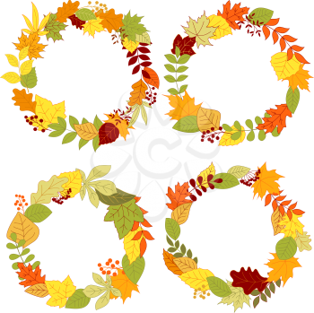 Autumn round frames and borders design with fallen leaves decorated by viburnum, bush seeds and herbs on beige background with copy space