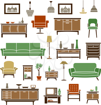 Home furniture elements with green soft couches, retro armchairs, high chair, wooden chests of drawers and bookcases with interior accessories and tv set, floor and pendant lamps. Flat isolated icons 