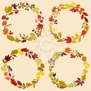 Wreaths of colorful autumn leaves, tree and bush branches, flowers, herbs, acorns and berries