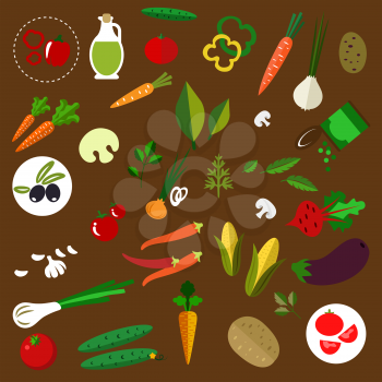 Fresh vegetables icons set with tomatoes, carrots, onions, cucumbers, mushrooms potatoes, corn, chili and bell peppers olives, eggplant beet, green pea, garlic herbs and olive oil 