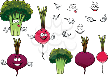 Cartoon green broccoli, crunchy radish and juicy beet vegetables characters, for agriculture or healthy vegetarian food design