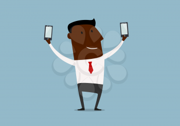 African american businessman posing and making double selfie shots with two smartphones, for technology concept design. Cartoon flat style