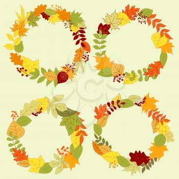 Forest leaves wreaths and frames with autumn fall leaves and bush twigs, adorned by red and orange seed bunches