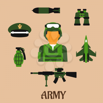 Army flat icons with soldier wearing the army combat uniform, helmet and body armor, surrounded by hand grenade, peaked cap, binoculars, air bomb, aircraft and gun