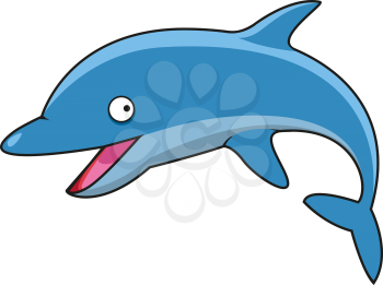 Jumping blue bottlenose dolphin cartoon character with curved tail and cheerful smile, for underwater wildlife mascot design
